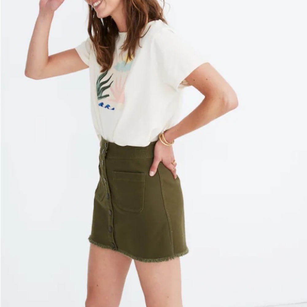 Madewell Raw-Hem A-Line Mini Skirt Womens 0 Stretch Kale Green Button Snap Front - Picture 2 of 9